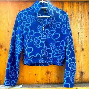 Forever 21 Cropped Half-Zip Floral 🙂 Smiley Face Pullover, Size Small